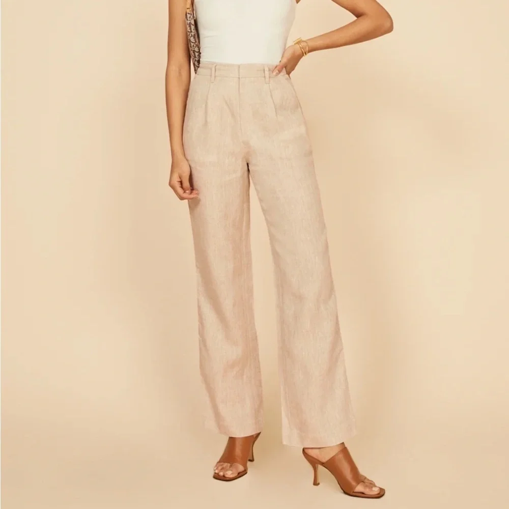 Reformation Cello Pants In Oatmeal 100 Linen Wide Leg High Waisted Unlined SZ 10